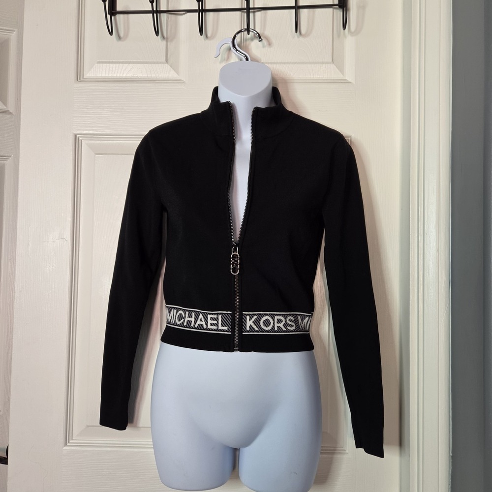 MICHAEL KORS Stretch Knit Logo Tape Zip-Up Jacket Crop Black Designer Fitted XS